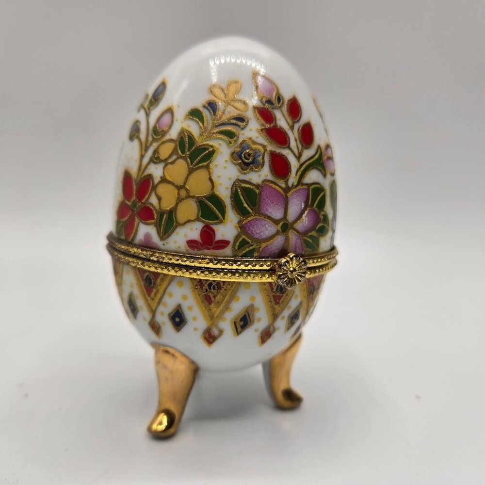 Vintage Porcelain Hand Painted "Floral" Footed Egg Trinket Box